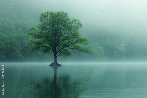 Solitary tree rises from serene waters in a misty landscape, embodying spiritual inner harmony at dawn