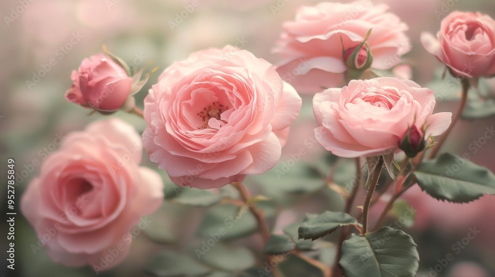 Obraz premium Close-up of delicate pink roses in full bloom, with soft petals and a subtle, dreamy background, capturing the elegance and beauty of the flowers.