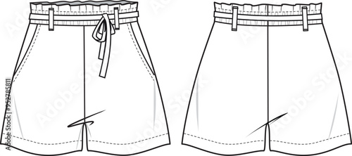 Women's Paperbag Waist, Self Belt Shorts. Technical fashion illustration with side pockets. Front and back, white color. Women's CAD mock-up.