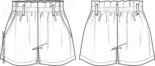 Women's Paperbag Waist Shorts. Technical fashion illustration with side pockets. Front and back, white colour. Women's CAD mock-up.