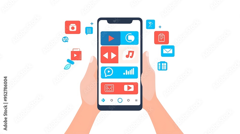 Exploring Podcast Universe - Smartphone App Screen Illustration with Hands Scrolling through Episodes and Colorful Categories Icons on White Background Exploring Podcast Universe - Smartphone App Screen Illustration with Hands Scrolling through Episodes and Colorful Categories Icons on White Background