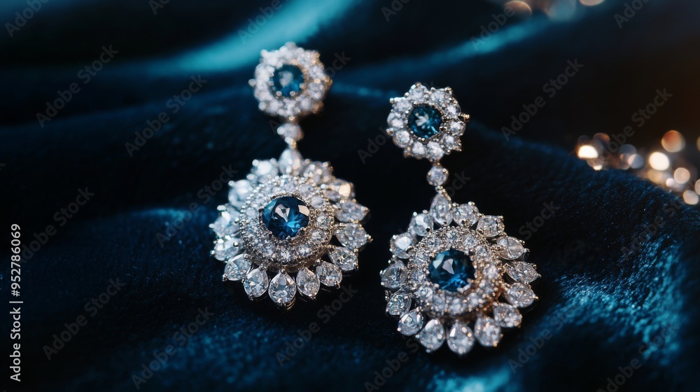 Close-up of exquisite diamond earrings sparkling under soft light, showcasing their intricate design and brilliance against a dark velvet background. Close-up of exquisite diamond earrings sparkling under soft light, showcasing their intricate design and brilliance against a dark velvet background.