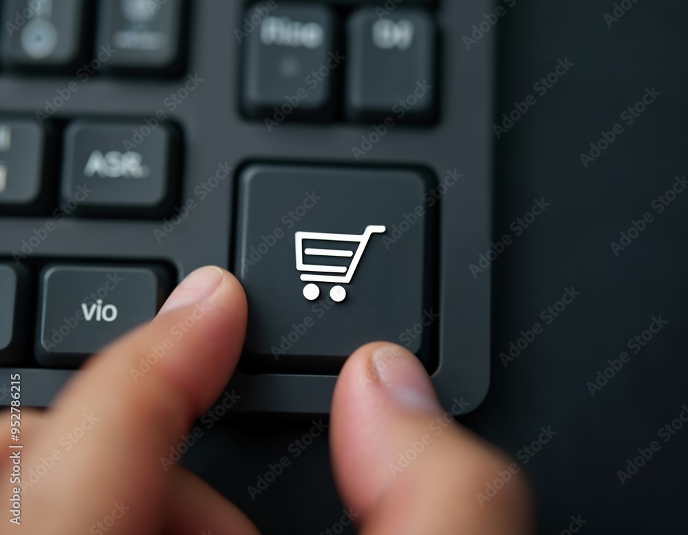 Finger About to Press Shopping Cart Button on Keyboard for Online Shopping Finger About to Press Shopping Cart Button on Keyboard for Online Shopping