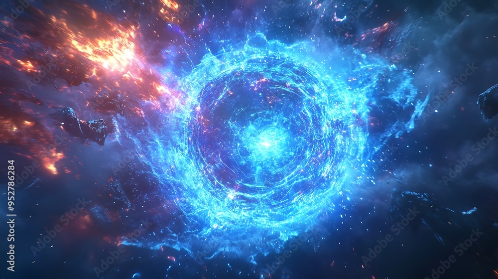 A swirling vortex of blue energy surrounded by fire and space debris A swirling vortex of blue energy surrounded by fire and space debris