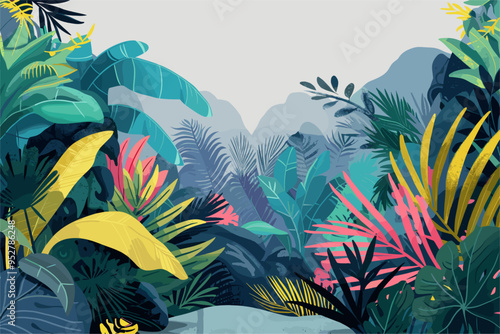 Vibrant illustration of a dense tropical jungle featuring various colorful leaves and plants