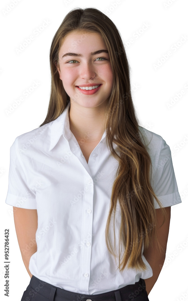 18-year-old Caucasian young woman wearing formal work attire with white shirt and smiling. Best job candidate concept 18-year-old Caucasian young woman wearing formal work attire with white shirt and smiling. Best job candidate concept