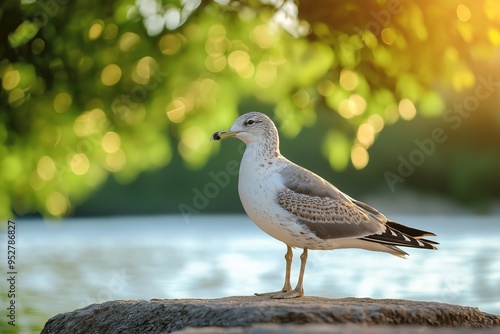 A lone seagull stands on a rock by the water's edge, basking in the tranquil ambiance of the surrounding nature. photo