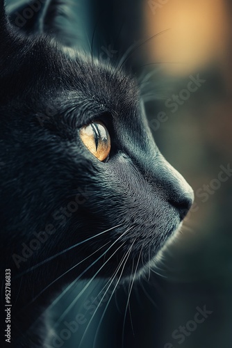 A close-up shot of a black cat with sharp, captivating eyes, giving an intense and mysterious look into the distance. photo