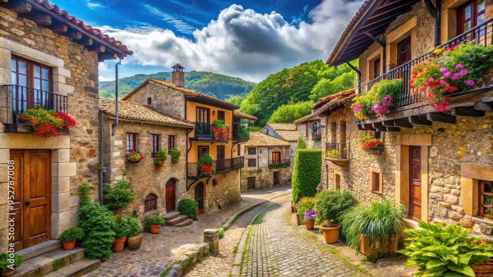 Fototapeta premium Historic village in Cantabria, Spain, with picturesque cobblestone streets, colorful buildings, and elegant stone architecture, surrounded by lush green countryside and blue skies.