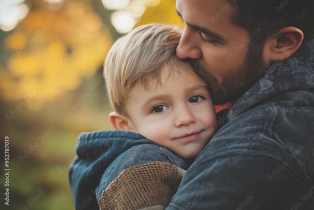 Obraz premium A father lovingly holds his child in a warm embrace, standing outdoors during sunset, symbolizing parental love and protection.