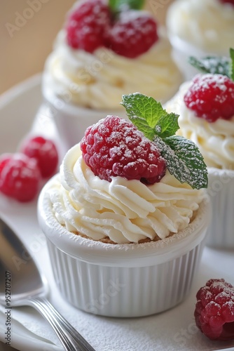 A beautifully decorated cupcake featuring cream frosting, a raspberry, fresh mint leaves, and a dusting of powdered sugar. photo