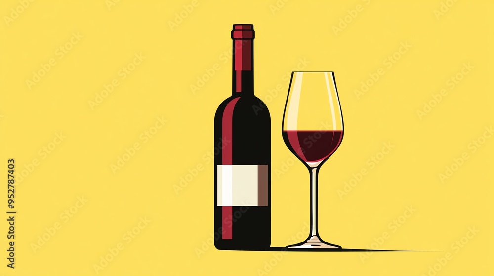 Illustration of a red wine bottle and glass on yellow background, perfect for wine-themed designs, restaurant ads, and beverage promotions. Illustration of a red wine bottle and glass on yellow background, perfect for wine-themed designs, restaurant ads, and beverage promotions.
