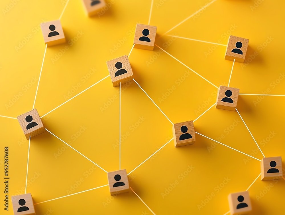 Wooden blocks with human icons connected by lines on a yellow background representing social network and communication concepts. Wooden blocks with human icons connected by lines on a yellow background representing social network and communication concepts.