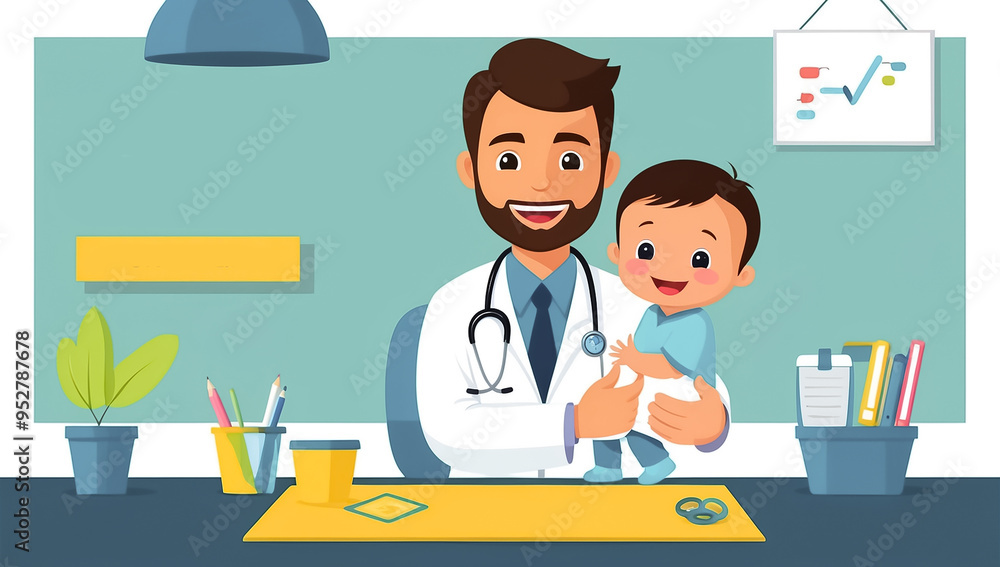 cartoon male doctor pediatrician with baby , flat design illustration cartoon male doctor pediatrician with baby , flat design illustration
