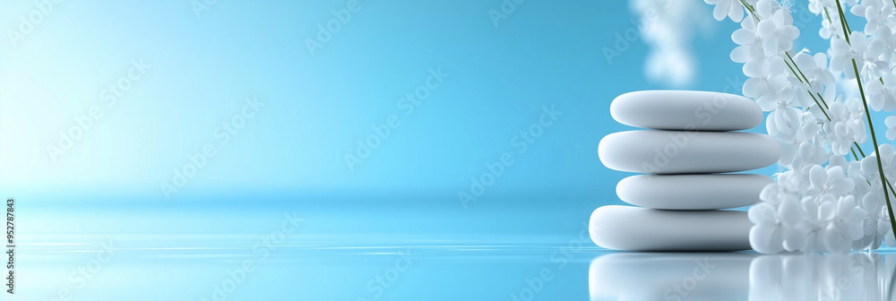 A stack of white stones on the right side with a blue background and an abstract floral design A stack of white stones on the right side with a blue background and an abstract floral design
