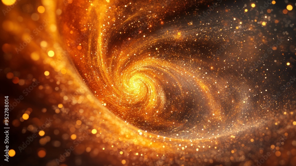 An abstract swirl of golden particles and sparks, creating a mesmerizing cosmic vortex effect against a dark background, evoking wonder and energy.