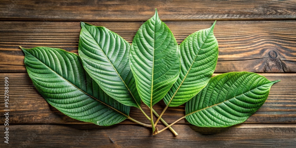 Kratom leaves isolated on wood background, top view, Kratom, Mitragyna speciosa, leaves, wood, background Kratom leaves isolated on wood background, top view, Kratom, Mitragyna speciosa, leaves, wood, background