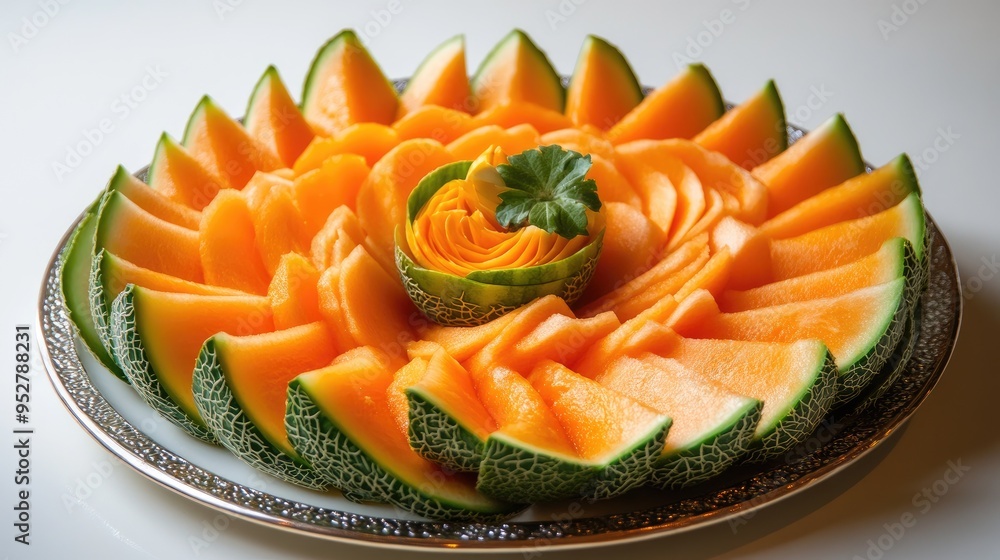 Juicy melon slices platter. Generative AI Juicy melon slices platter. Generative AI