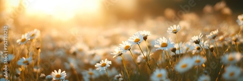 A wide expanse of white daisies blooms vibrantly in a field, with the sun setting in the background, casting a warm glow across the flowers photo