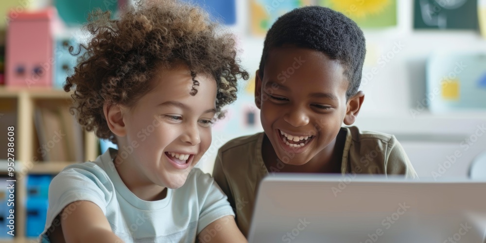 Two Children of Different Races Collaborating on a Digital Learning Task Two Children of Different Races Collaborating on a Digital Learning Task