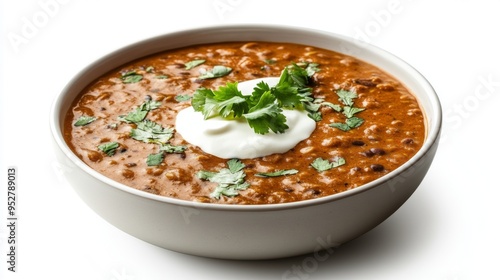 Delicious Indian dal makhani served in a bowl with a dollop of cream on top, garnished with fresh coriander, set against a simple white background.