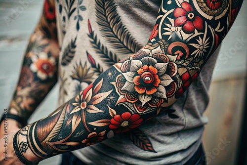 Intricate, bold, and iconic black and grey traditional American tattoos adorn a muscular arm, featuring classic nautical and floral motifs with subtle shading and texture. photo