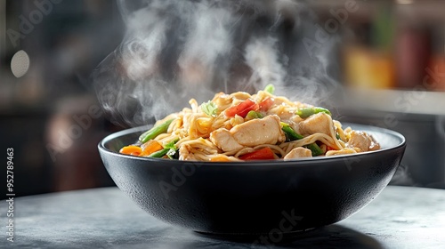 Noodles, chicken, vegetables bowl. Generative AI