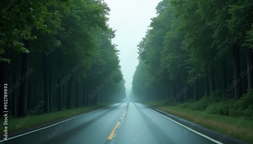 Fototapeta premium Serene Rainy Road in a Calm Day: Tree-Lined Highway with Fall Foliage and Misty Atmosphere