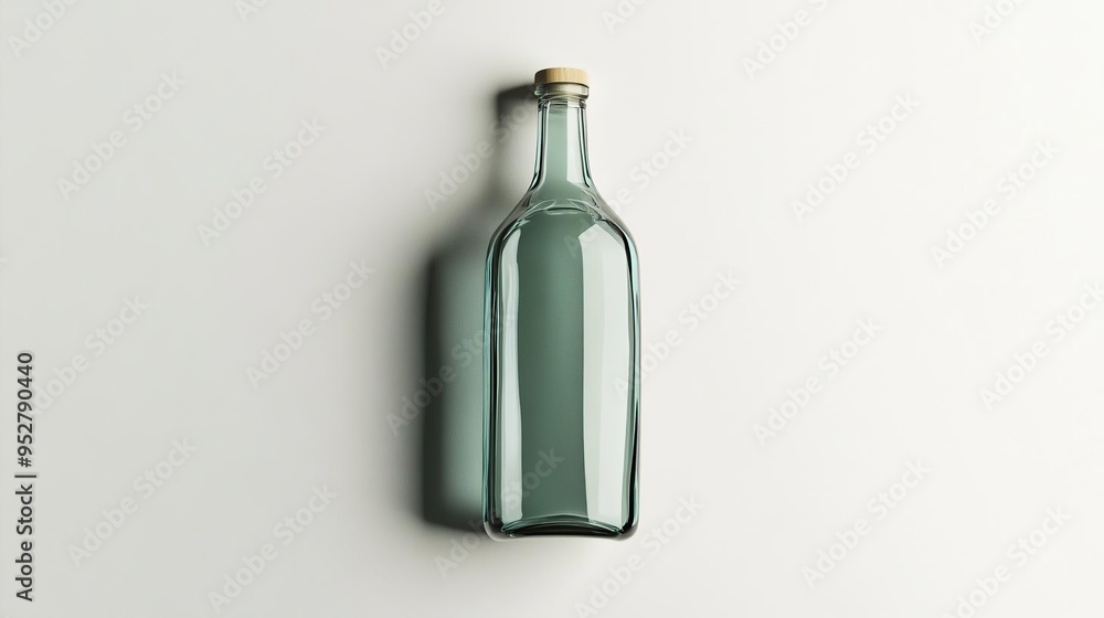 Fototapeta premium A clear glass bottle with a wooden cap, ideal for beverages or storage.