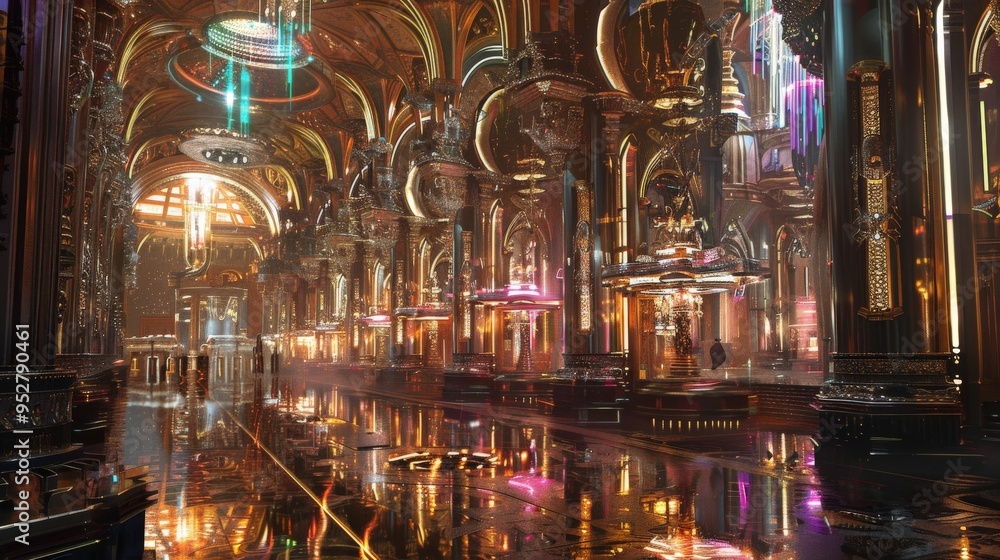 Fototapeta premium A stunning, opulent interior featuring intricate architecture, radiant lights, and reflective surfaces that create an immersive atmosphere.
