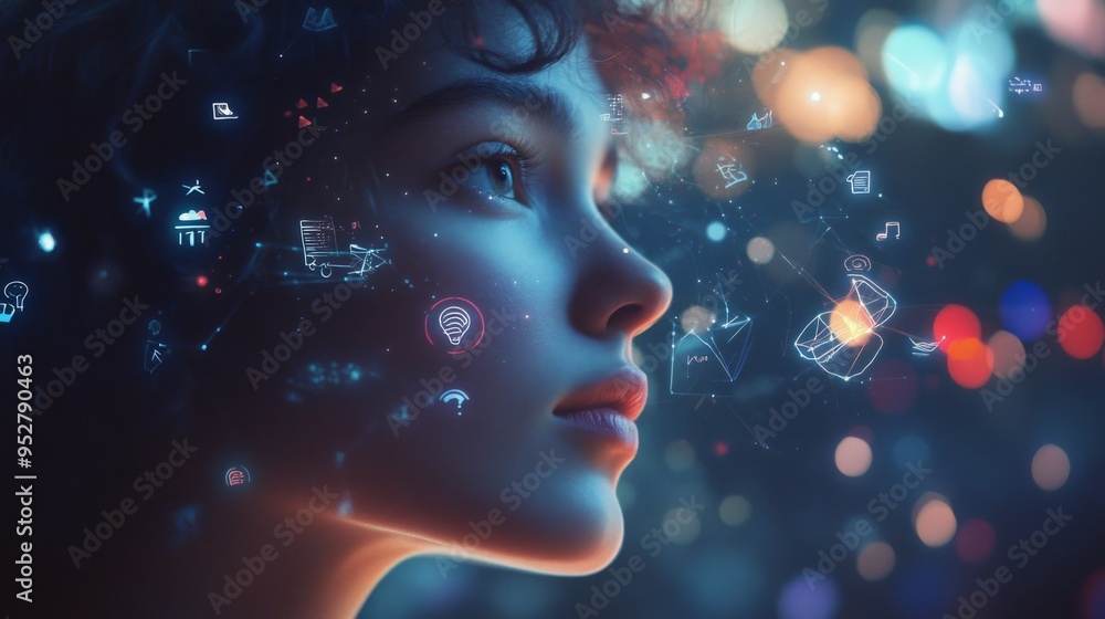 Detailed shot of a person face with a thoughtful expression, surrounded by floating icons and symbols representing various ideas and concepts. Detailed shot of a person face with a thoughtful expression, surrounded by floating icons and symbols representing various ideas and concepts.