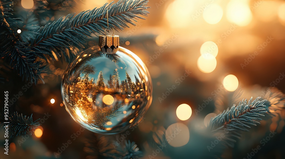 beautifully reflective glass ornament hanging on a Christmas tree, with warm lights and festive decorations in the background, capturing the holiday spirit. beautifully reflective glass ornament hanging on a Christmas tree, with warm lights and festive decorations in the background, capturing the holiday spirit.