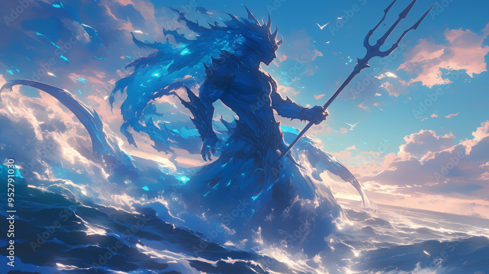 Obraz premium water elemental guardian rising from a river, towering presence amidst swirling mist, glowing eyes, body formed of cascading water and energy