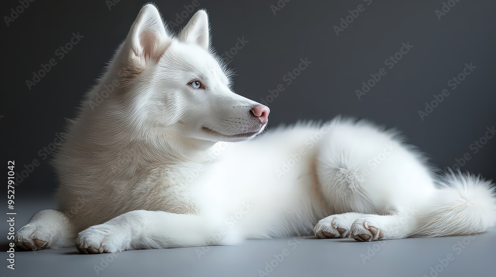 white Siberian Husky lying down gracefully, its fur soft and pristine, exuding calmness and poise in a serene indoor setting. white Siberian Husky lying down gracefully, its fur soft and pristine, exuding calmness and poise in a serene indoor setting.