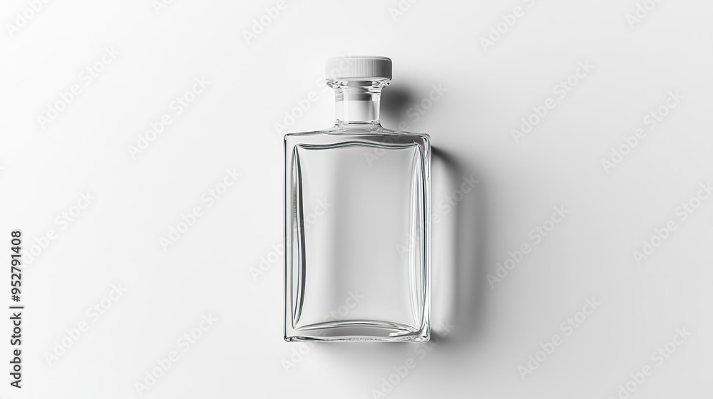 A clear glass bottle with a white cap, designed for liquid storage or presentation. A clear glass bottle with a white cap, designed for liquid storage or presentation.