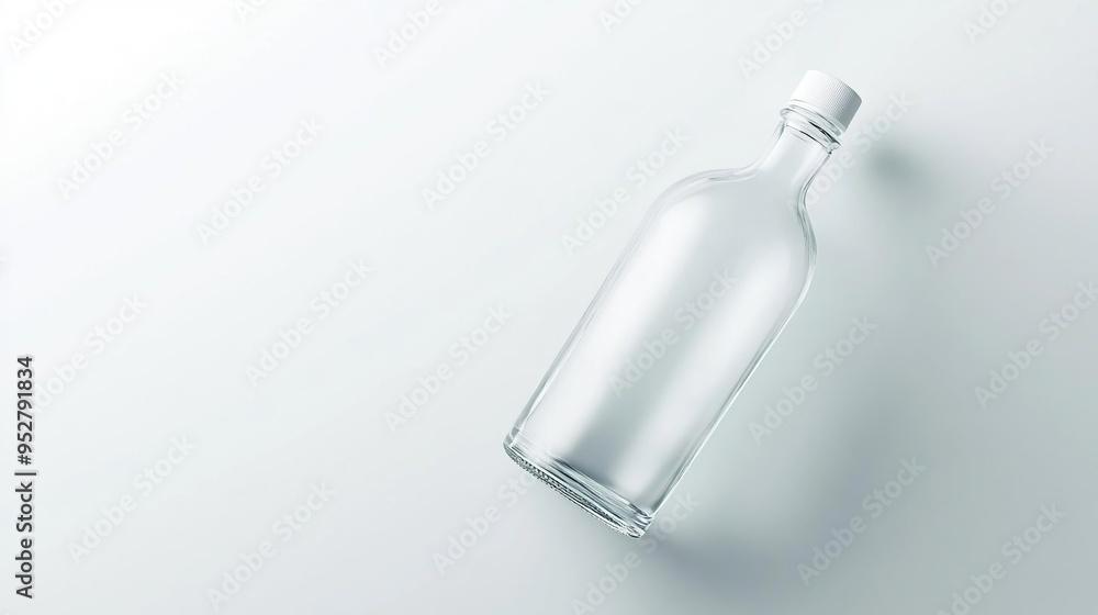 A clear glass bottle with a white cap resting on a light surface. A clear glass bottle with a white cap resting on a light surface.