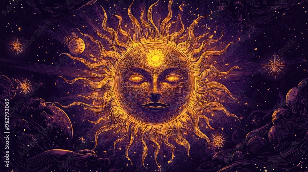 Mystical Zodiac Poster with Golden Sun and Zodiac Symbols Mystical Zodiac Poster with Golden Sun and Zodiac Symbols