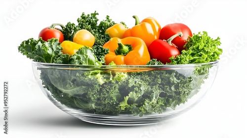 Vibrant Medley of Farm Fresh Produce in Elegant Glass Salad Bowl on White Background