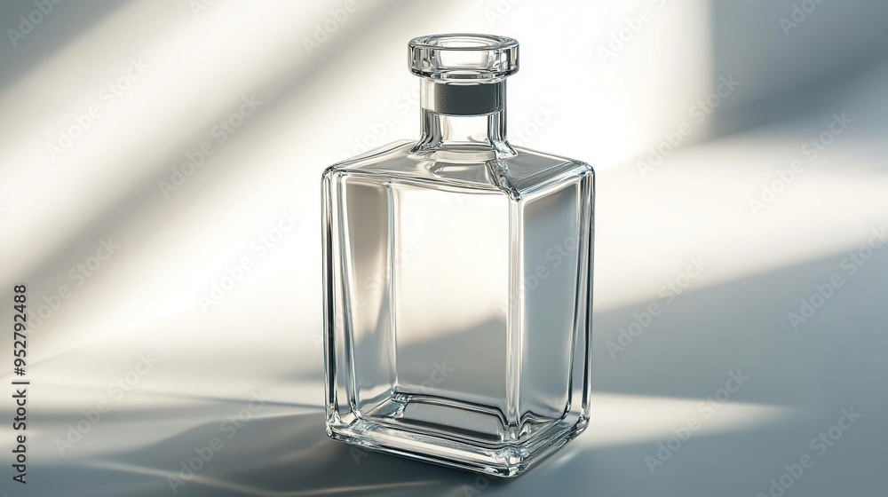 A clear glass bottle with a square shape, reflecting light in a minimalist setting. A clear glass bottle with a square shape, reflecting light in a minimalist setting.