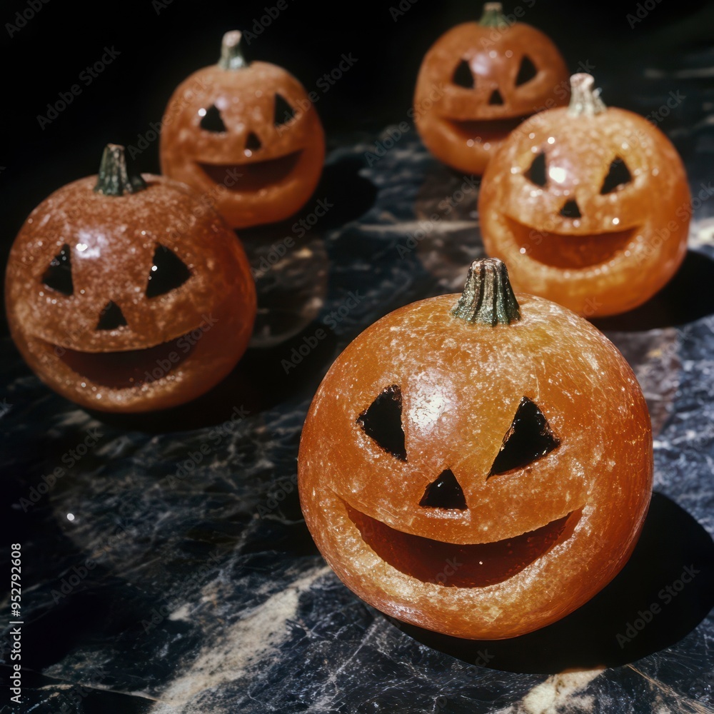 Unique carved pumpkins arranged on a dark surface for Halloween celebration Unique carved pumpkins arranged on a dark surface for Halloween celebration