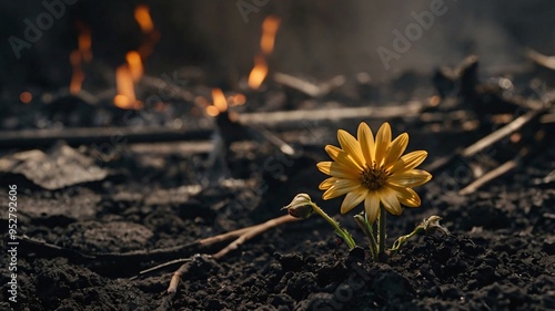 A vibrant yellow flower rises from dark ashes, surrounded by charred earth and faint flames, representing resilience and renewal after calamity