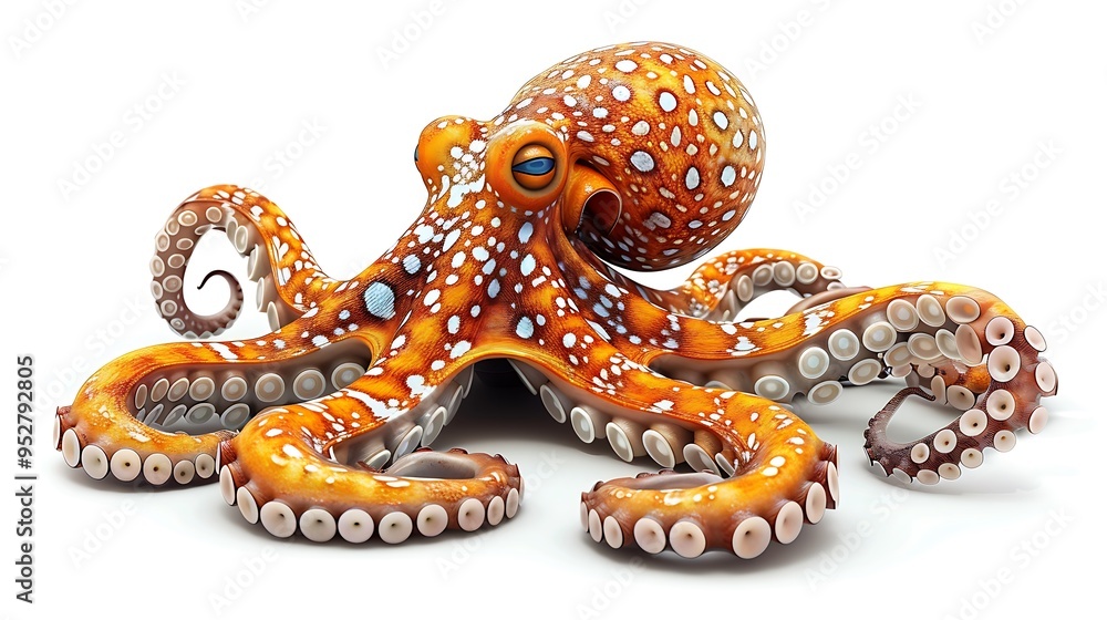 Fototapeta premium A vibrant, orange and white spotted octopus with large blue eyes rests on a white background with its tentacles curled.