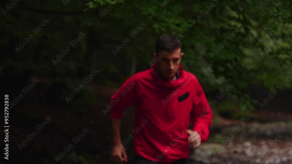 Runner having a break in a rainforest. Young man stops the training to breath and look the environment. Runner having a break in a rainforest. Young man stops the training to breath and look the environment.