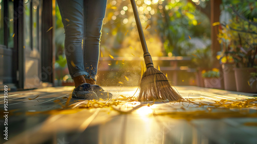 Person sweeping the terrace with a broom photo