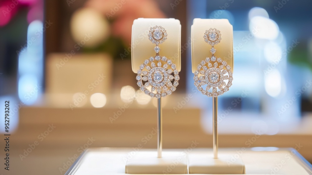 Obraz premium Elegant display of a pair of luxurious diamond earrings on a high-end jewelry stand, with soft focus and a chic, minimalist setting