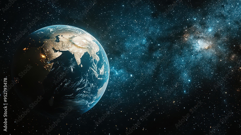 Naklejka premium A stunning view of Earth from space, highlighting the beauty and vastness of our planet against a backdrop of the starry cosmos.