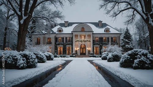 Snow-covered driveway leading up to the grand entrance and the outside of a luxurious mansion decked out in magnificent garlands and wreaths, it seems like a picturesque winter wonderland photo