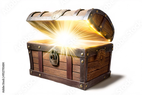 A wooden treasure chest with a metal lock opens revealing radiant golden light shining outward against a white background
