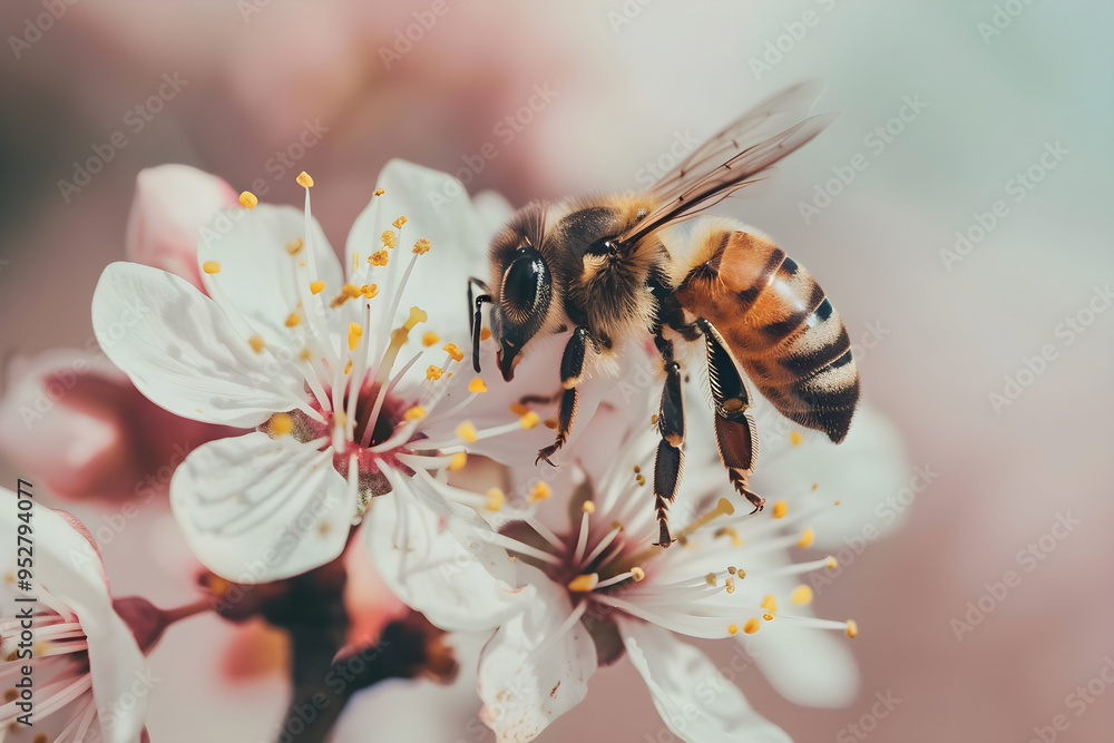 Bee on a white flower, close-up. Banner concept template for international bee day, summer picture, important insects with copyspace