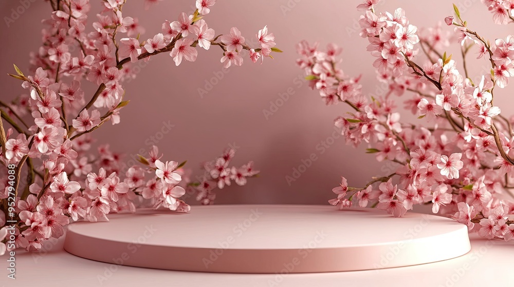 Natural beauty podium backdrop with spring sakura cherry blossom tree branch. 3d rendering. generative ai Natural beauty podium backdrop with spring sakura cherry blossom tree branch. 3d rendering. generative ai